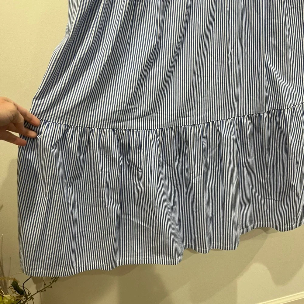 J Crew Tiered Midi Dress Womens 4 Blue White Striped Ruffle Sleeve Coastal Prep